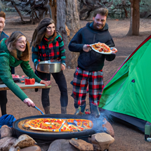 A group of friends enjoying a camping trip and cooking a Dutch oven pizza over a campfire.