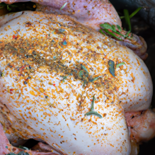 A close-up of a seasoned turkey ready to be cooked in a dutch oven, with herbs and spices sprinkled on the skin.